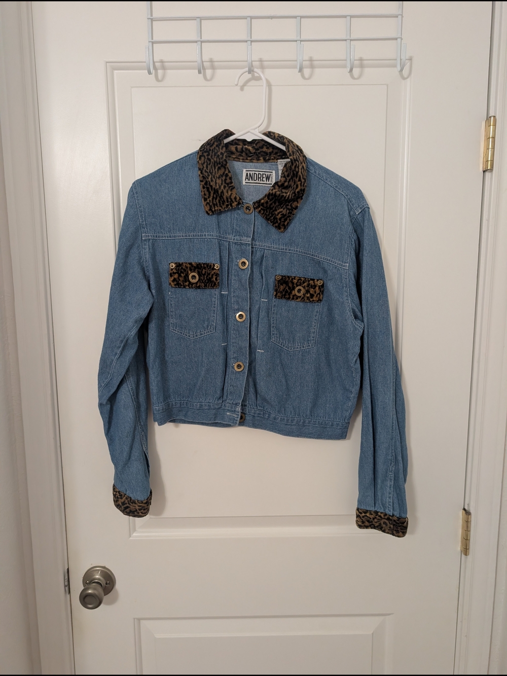 Vintage Andrew Sports Denim Jacket Leopard Faux Fur Trim Y2K‎ Large